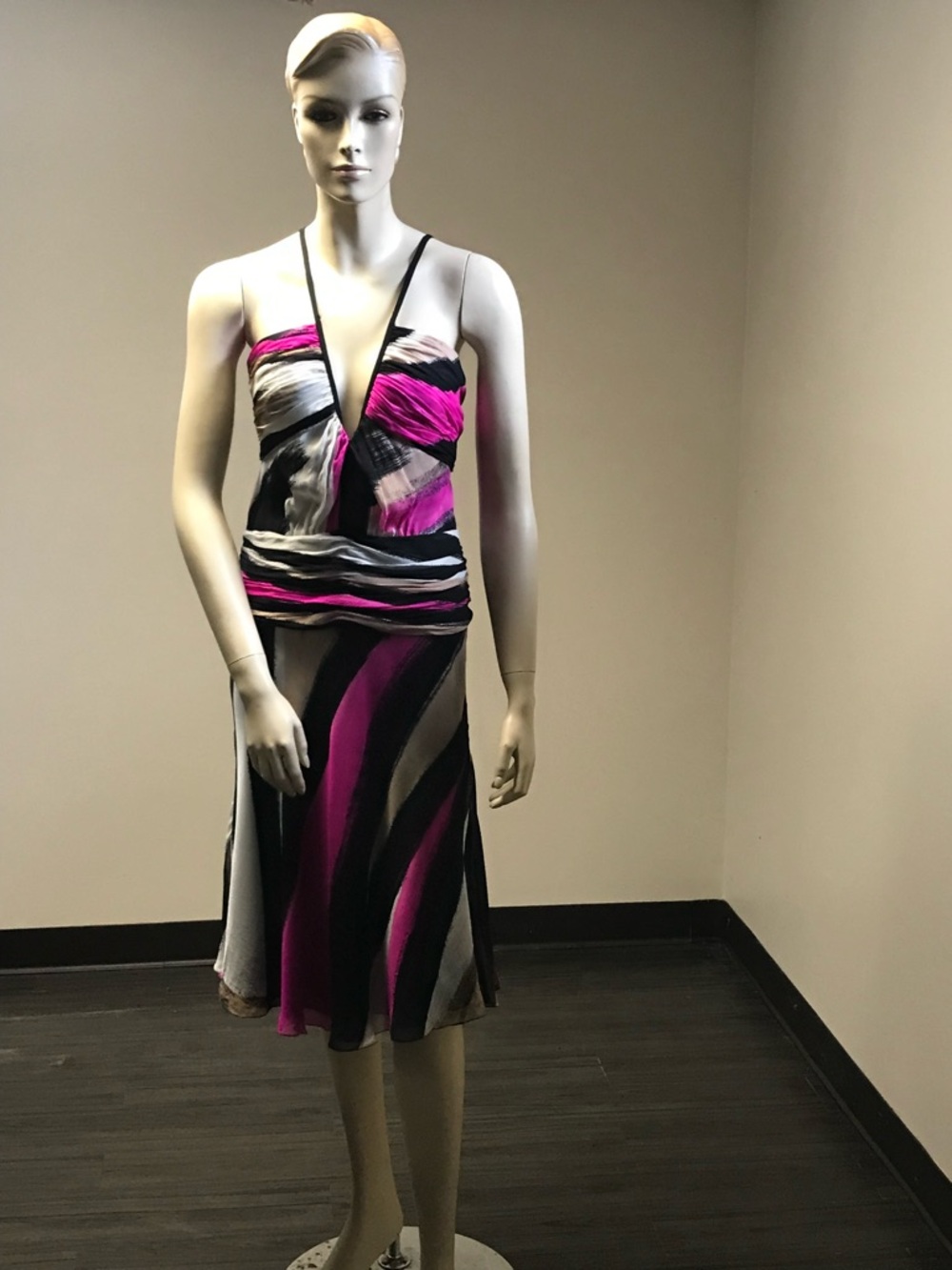 Versace Fuchsia, Black & White Plunging Midi Dress